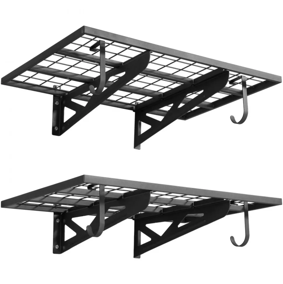 VEVOR 2-Tier Heavy Duty Wall Garage Shelving, 2 x 3 ft Steel Wall Mounted Shelving Unit with Hooks, 24 x 36 Inch Per Shelf Floating Storage Metal Rack for Garage, 500 lbs Total Weight Capacity, Black