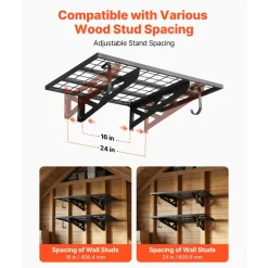 VEVOR 2-Tier Heavy Duty Wall Garage Shelving, 2 x 3 ft Steel Wall Mounted Shelving Unit with Hooks, 24 x 36 Inch Per Shelf Floating Storage Metal Rack for Garage, 500 lbs Total Weight Capacity, Black