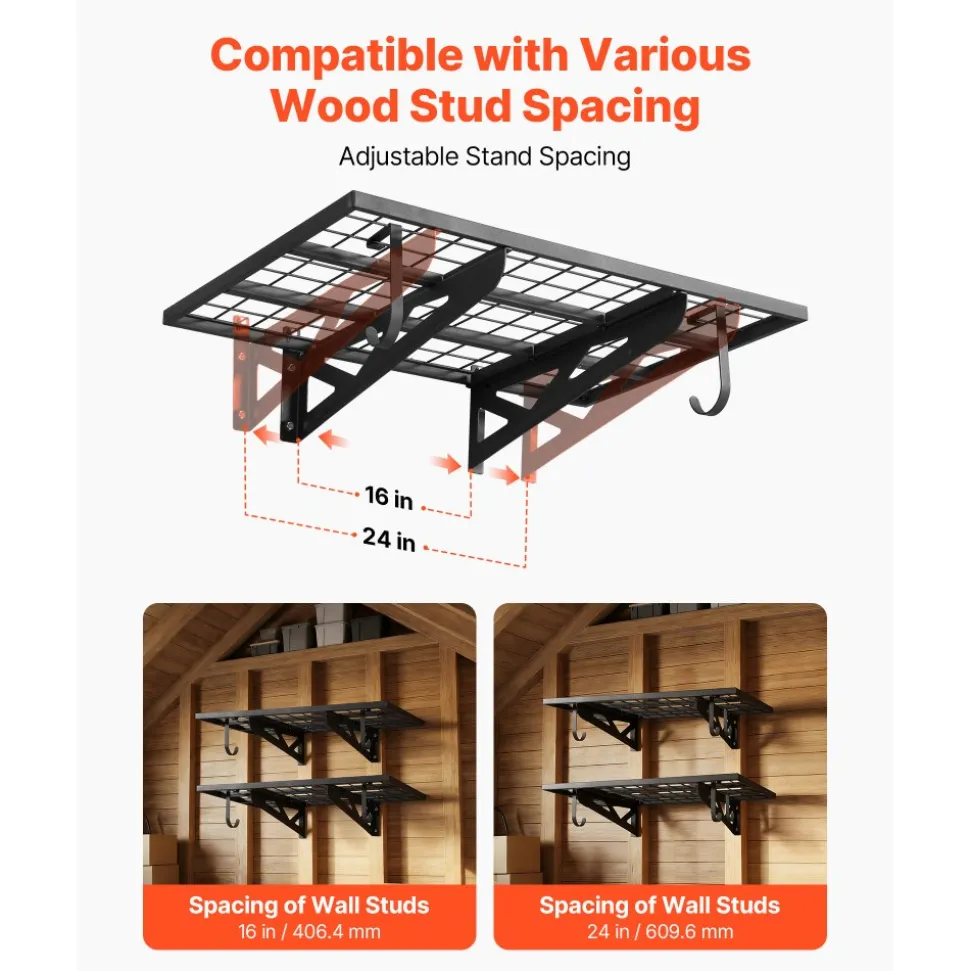VEVOR 2-Tier Heavy Duty Wall Garage Shelving, 2 x 3 ft Steel Wall Mounted Shelving Unit with Hooks, 24 x 36 Inch Per Shelf Floating Storage Metal Rack for Garage, 500 lbs Total Weight Capacity, Black