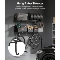 VEVOR 2-Tier Heavy Duty Wall Garage Shelving, 2 x 4 ft Steel Wall Mounted Shelving Unit with Hooks, 24 x 48 Inch Per Shelf Floating Storage Metal Rack for Garage, 520 lbs Total Weight Capacity, Black