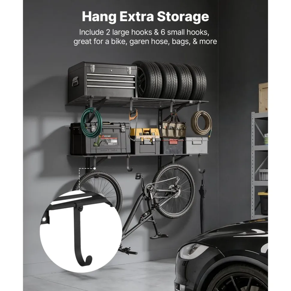 VEVOR 2-Tier Heavy Duty Wall Garage Shelving, 2 x 4 ft Steel Wall Mounted Shelving Unit with Hooks, 24 x 48 Inch Per Shelf Floating Storage Metal Rack for Garage, 520 lbs Total Weight Capacity, Black