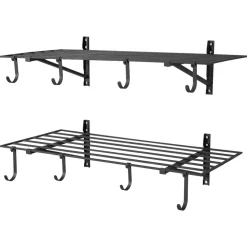 VEVOR 2-Tier Heavy Duty Wall Garage Shelving, 2 x 4 ft Steel Wall Mounted Shelving Unit with Hooks, 24 x 48 Inch Per Shelf Floating Storage Metal Rack for Garage, 520 lbs Total Weight Capacity, Black