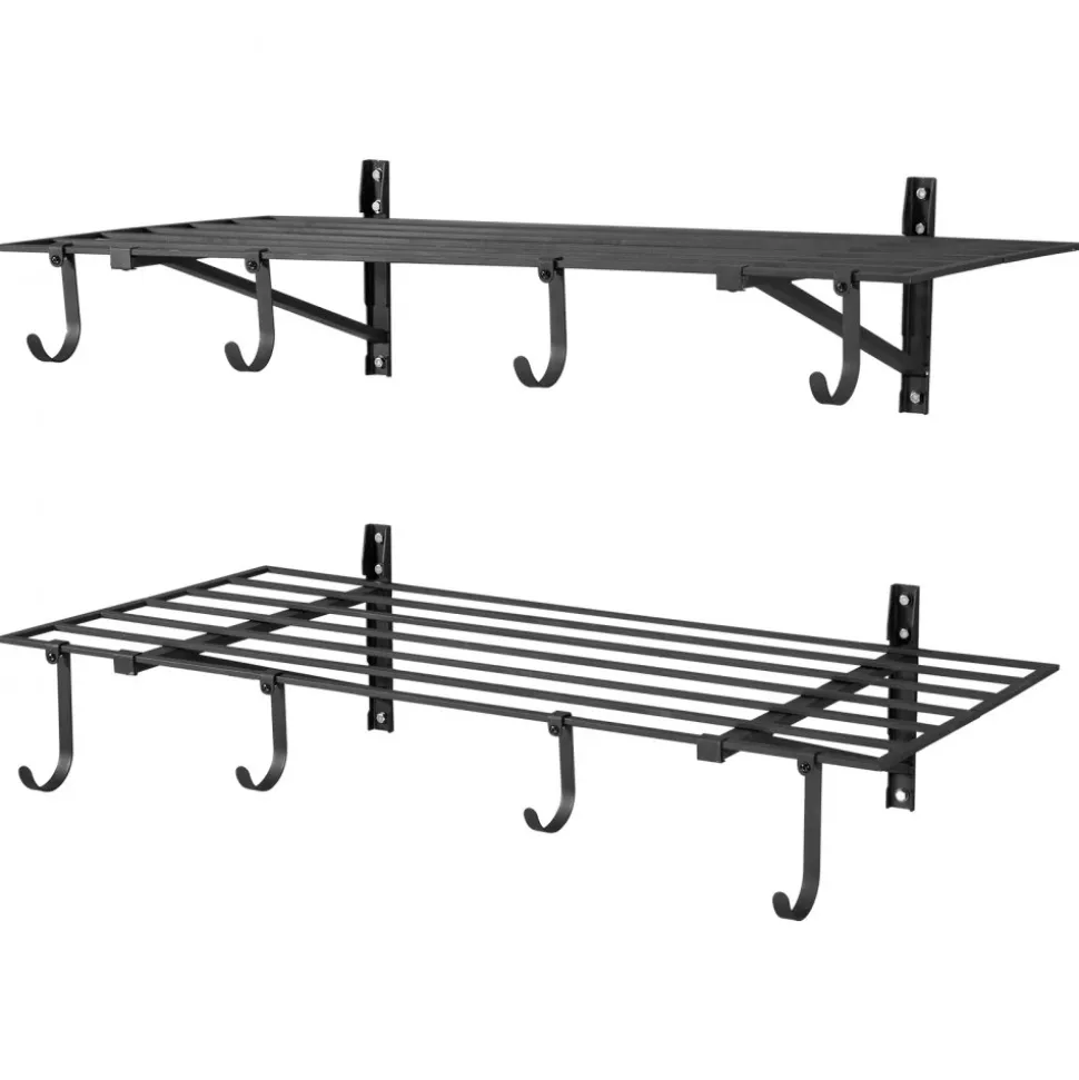 VEVOR 2-Tier Heavy Duty Wall Garage Shelving, 2 x 4 ft Steel Wall Mounted Shelving Unit with Hooks, 24 x 48 Inch Per Shelf Floating Storage Metal Rack for Garage, 520 lbs Total Weight Capacity, Black