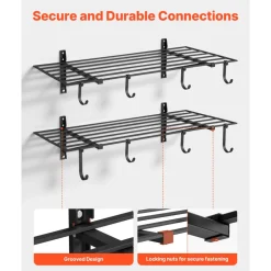 VEVOR 2-Tier Heavy Duty Wall Garage Shelving, 2 x 4 ft Steel Wall Mounted Shelving Unit with Hooks, 24 x 48 Inch Per Shelf Floating Storage Metal Rack for Garage, 520 lbs Total Weight Capacity, Black