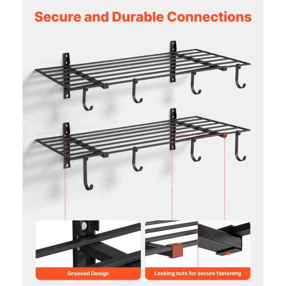 VEVOR 2-Tier Heavy Duty Wall Garage Shelving, 2 x 4 ft Steel Wall Mounted Shelving Unit with Hooks, 24 x 48 Inch Per Shelf Floating Storage Metal Rack for Garage, 520 lbs Total Weight Capacity, Black