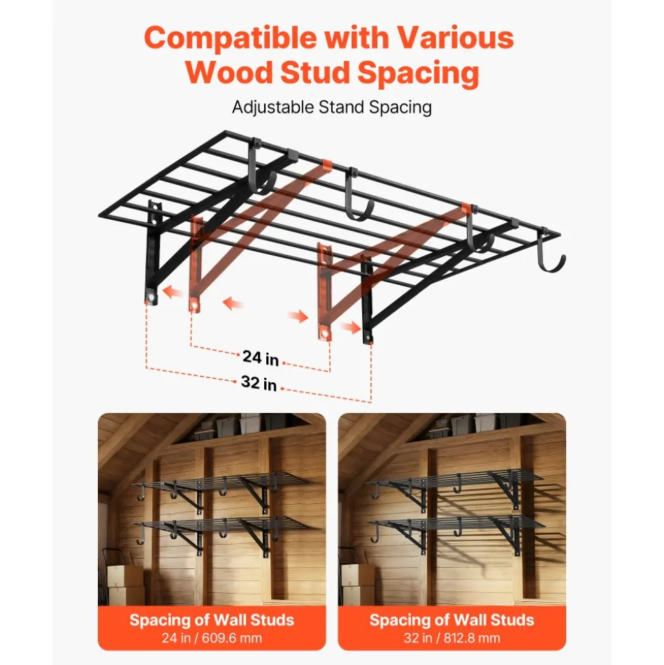 VEVOR 2-Tier Heavy Duty Wall Garage Shelving, 2 x 4 ft Steel Wall Mounted Shelving Unit with Hooks, 24 x 48 Inch Per Shelf Floating Storage Metal Rack for Garage, 520 lbs Total Weight Capacity, Black