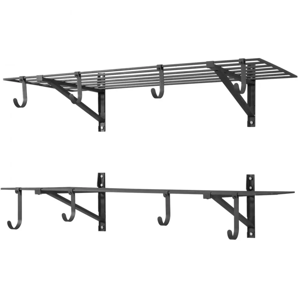 VEVOR 2-Tier Heavy Duty Wall Garage Shelving, 2 x 4 ft Steel Wall Mounted Shelving Unit with Hooks, 24 x 48 Inch Per Shelf Floating Storage Metal Rack for Garage, 520 lbs Total Weight Capacity, Black