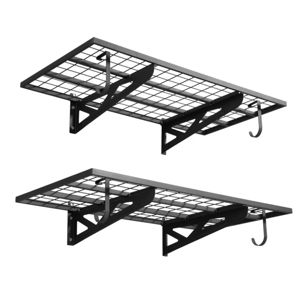 VEVOR 2-Tier Heavy Duty Wall Garage Shelving, 2 x 4 ft Steel Wall Mounted Shelving Unit with Hooks, 24 x 48 Inch Per Shelf Floating Storage Metal Rack for Garage, 500 lbs Total Weight Capacity, Black