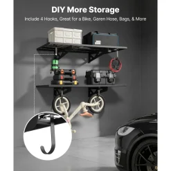 VEVOR 2-Tier Heavy Duty Wall Garage Shelving, 2 x 4 ft Steel Wall Mounted Shelving Unit with Hooks, 24 x 48 Inch Per Shelf Floating Storage Metal Rack for Garage, 500 lbs Total Weight Capacity, Black