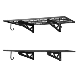 VEVOR 2-Tier Heavy Duty Wall Garage Shelving, 2 x 4 ft Steel Wall Mounted Shelving Unit with Hooks, 24 x 48 Inch Per Shelf Floating Storage Metal Rack for Garage, 500 lbs Total Weight Capacity, Black
