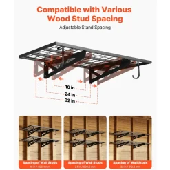 VEVOR 2-Tier Heavy Duty Wall Garage Shelving, 2 x 4 ft Steel Wall Mounted Shelving Unit with Hooks, 24 x 48 Inch Per Shelf Floating Storage Metal Rack for Garage, 500 lbs Total Weight Capacity, Black