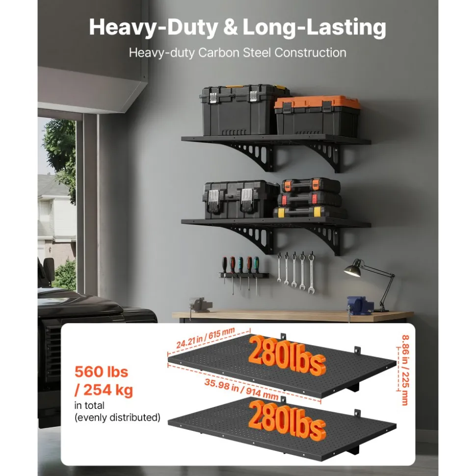 VEVOR 2-Tier Heavy Duty Wall Garage Shelving, 2 x 3 ft Steel Wall Mounted Shelving Unit, 12 x 72 Inch Per Shelf Floating Storage Metal Rack for Garage with 560 lbs Total Weight Capacity, Black