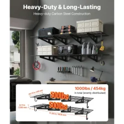 VEVOR 2-Tier Heavy Duty Wall Garage Shelving, 8 Pack 1 x 3 ft Steel Wall Mounted Shelving Unit with Hooks, 24 x 72 Inch Per Shelf Floating Storage Metal Rack, 1000 lbs Total Weight Capacity, Black