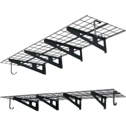 VEVOR 2-Tier Heavy Duty Wall Garage Shelving, 8 Pack 1 x 3 ft Steel Wall Mounted Shelving Unit with Hooks, 24 x 72 Inch Per Shelf Floating Storage Metal Rack, 1000 lbs Total Weight Capacity, Black