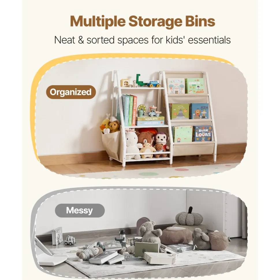 VEVOR 3-Tier Kids Bookshelf, Toy Storage Organizer for Toddler, Book Shelf for Kids Rooms with Sling Book Rack and Storage Bag, Kids Storage Book Shelves for Kids Room, Playroom, Kindergarten, Nursery