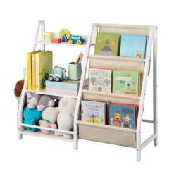VEVOR 3-Tier Kids Bookshelf, Toy Storage Organizer for Toddler, Book Shelf for Kids Rooms with Sling Book Rack and Storage Bag, Kids Storage Book Shelves for Kids Room, Playroom, Kindergarten, Nursery