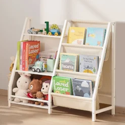 VEVOR 3-Tier Kids Bookshelf, Toy Storage Organizer for Toddler, Book Shelf for Kids Rooms with Sling Book Rack and Storage Bag, Kids Storage Book Shelves for Kids Room, Playroom, Kindergarten, Nursery