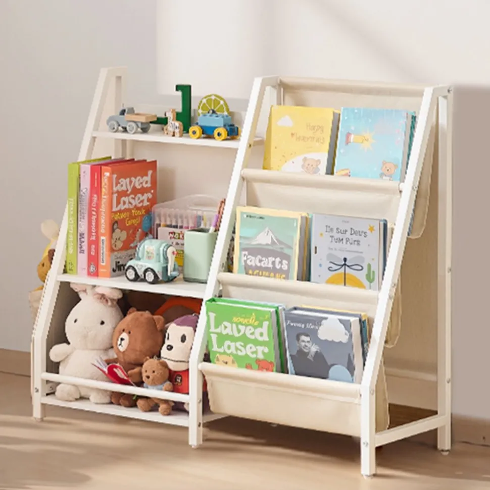 VEVOR 3-Tier Kids Bookshelf, Toy Storage Organizer for Toddler, Book Shelf for Kids Rooms with Sling Book Rack and Storage Bag, Kids Storage Book Shelves for Kids Room, Playroom, Kindergarten, Nursery