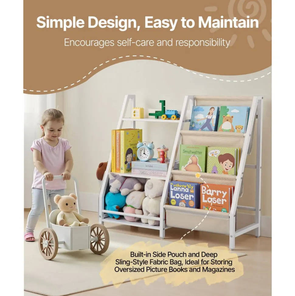 VEVOR 3-Tier Kids Bookshelf, Toy Storage Organizer for Toddler, Book Shelf for Kids Rooms with Sling Book Rack and Storage Bag, Kids Storage Book Shelves for Kids Room, Playroom, Kindergarten, Nursery