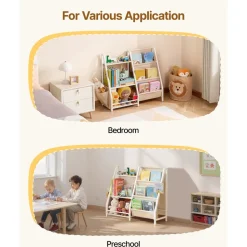 VEVOR 3-Tier Kids Bookshelf, Toy Storage Organizer for Toddler, Book Shelf for Kids Rooms with Sling Book Rack and Storage Bag, Kids Storage Book Shelves for Kids Room, Playroom, Kindergarten, Nursery