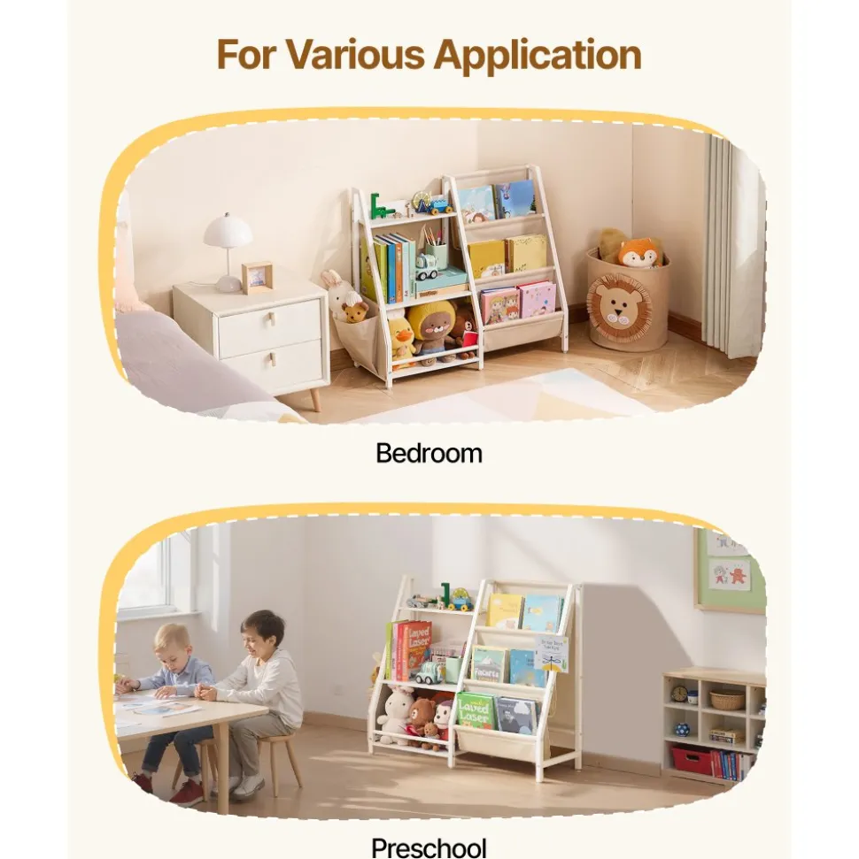 VEVOR 3-Tier Kids Bookshelf, Toy Storage Organizer for Toddler, Book Shelf for Kids Rooms with Sling Book Rack and Storage Bag, Kids Storage Book Shelves for Kids Room, Playroom, Kindergarten, Nursery