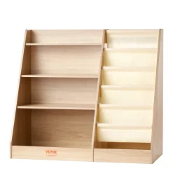 VEVOR 4-Tier Kids Wooden Bookshelf, Six-Layer Sling Bookcase, Baby Storage Book Rack, Book Toy Organizer Cabinet, for Kids Room, Playroom, Kindergarten, Nursery