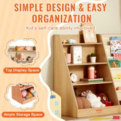 VEVOR 4-Tier Kids Wooden Bookshelf, Six-Layer Sling Bookcase, Baby Storage Book Rack, Book Toy Organizer Cabinet, for Kids Room, Playroom, Kindergarten, Nursery