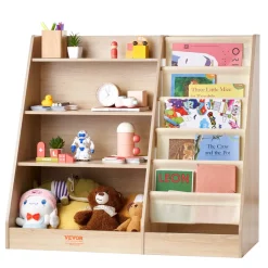 VEVOR 4-Tier Kids Wooden Bookshelf, Six-Layer Sling Bookcase, Baby Storage Book Rack, Book Toy Organizer Cabinet, for Kids Room, Playroom, Kindergarten, Nursery