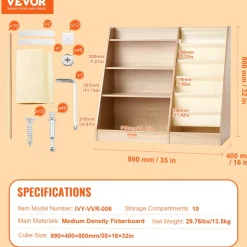 VEVOR 4-Tier Kids Wooden Bookshelf, Six-Layer Sling Bookcase, Baby Storage Book Rack, Book Toy Organizer Cabinet, for Kids Room, Playroom, Kindergarten, Nursery