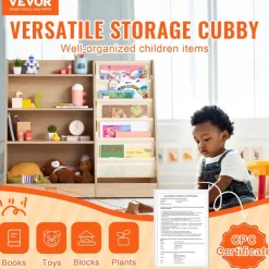 VEVOR 4-Tier Kids Wooden Bookshelf, Six-Layer Sling Bookcase, Baby Storage Book Rack, Book Toy Organizer Cabinet, for Kids Room, Playroom, Kindergarten, Nursery