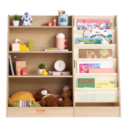 VEVOR 4-Tier Kids Wooden Bookshelf, Six-Layer Sling Bookcase, Baby Storage Book Rack, Book Toy Organizer Cabinet, for Kids Room, Playroom, Kindergarten, Nursery