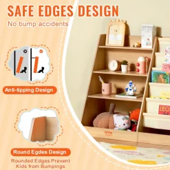 VEVOR 4-Tier Kids Wooden Bookshelf, Six-Layer Sling Bookcase, Baby Storage Book Rack, Book Toy Organizer Cabinet, for Kids Room, Playroom, Kindergarten, Nursery