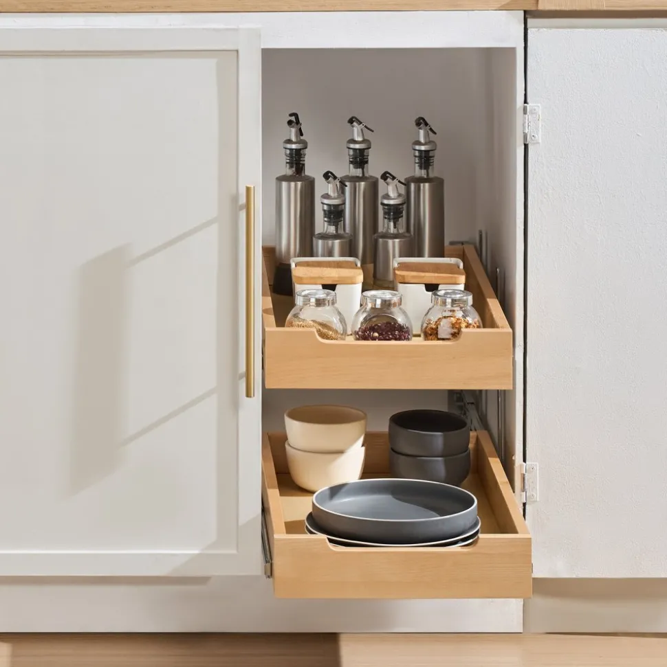 VEVOR 2 Tier Pull Out Cabinet Organizer, 14"W x 21"D Cabinet Drawer, Soft Close Slide out Shelf, Heavy-Duty Sliding Wood Drawer, Adjustable Base Cabinet Organization for Kitchen Pantry Bathroom