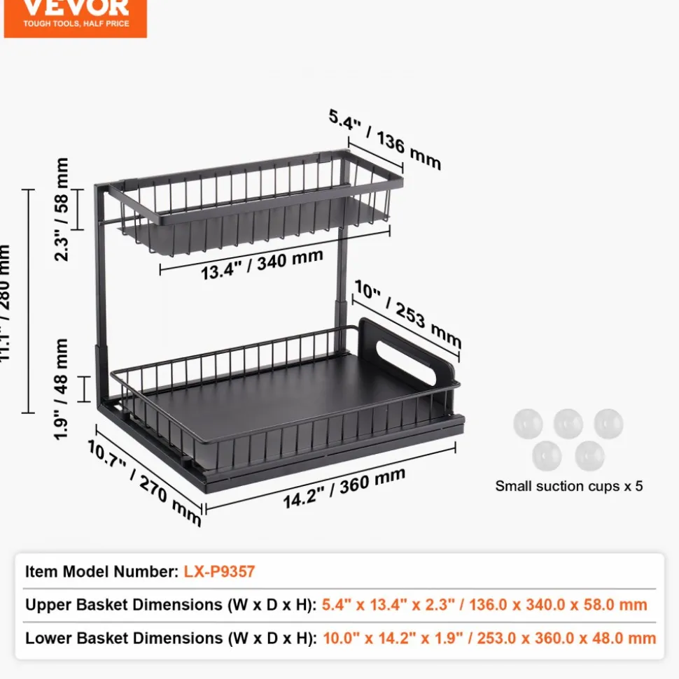 VEVOR 2 Tier Pull Out Cabinet Organizer(10.7"W x 14.2"D ), Under Sink Organizer and Storage, Slide Out Drawer Cabinet Organizer, Wire Basket Sliding Shelf, 12.5"Wx15.5"Dx13"H Install Size for Cabinet