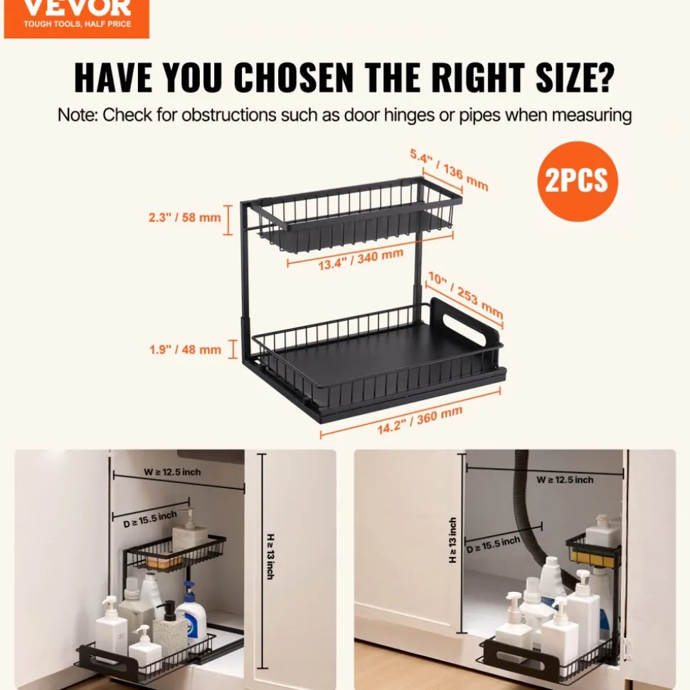 VEVOR 2 Tier Pull Out Cabinet Organizer(10.7"W x 14.2"D ), Under Sink Organizer and Storage, Slide Out Drawer Cabinet Organizer, Wire Basket Sliding Shelf, 12.5"Wx15.5"Dx13"H Install Size for Cabinet