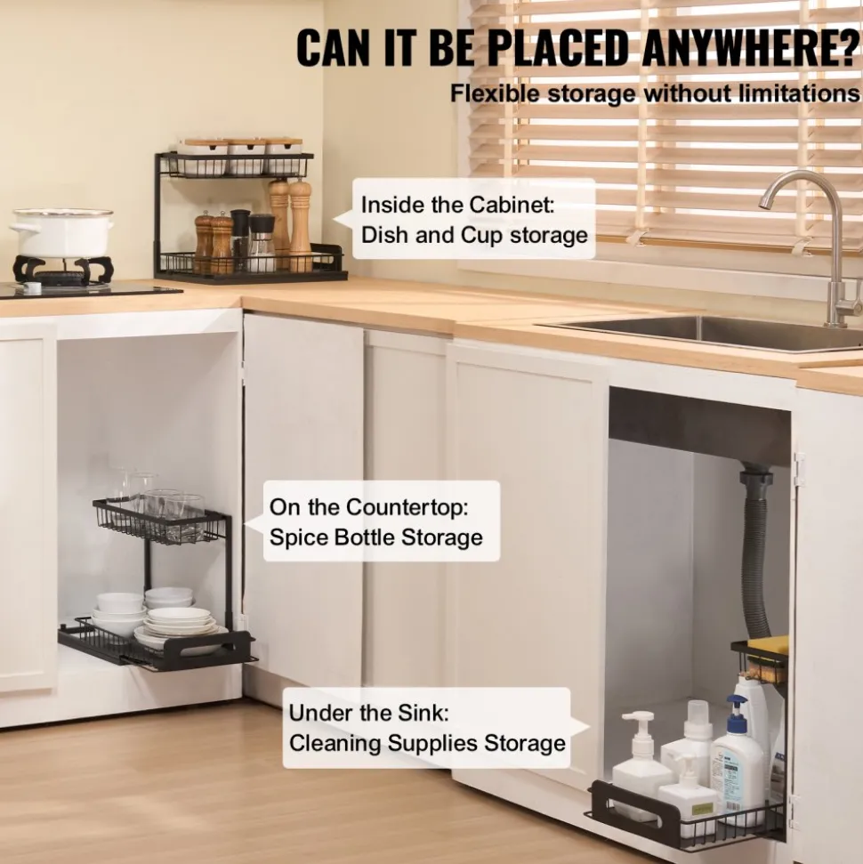 VEVOR 2 Tier Pull Out Cabinet Organizer(10.7"W x 14.2"D ), Under Sink Organizer and Storage, Slide Out Drawer Cabinet Organizer, Wire Basket Sliding Shelf, 12.5"Wx15.5"Dx13"H Install Size for Cabinet