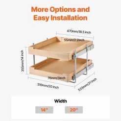 VEVOR 2 Tier Pull Out Cabinet Organizer, 20"W x 21"D Cabinet Drawer, Soft Close Slide out Shelf, Heavy-Duty Sliding Wood Drawer, Adjustable Base Cabinet Organization for Kitchen Pantry Bathroom