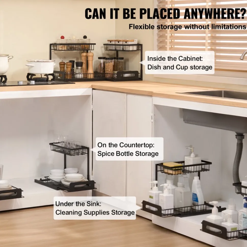 VEVOR 2 Tier Pull Out Cabinet Organizer(10.7"W x 14.2"D ), Under Sink Organizer and Storage, Slide Out Drawer Cabinet Organizer, Wire Basket Shelf, 25.5"Wx15.5"Dx13"H Install Size for Cabinet (2 Pack)