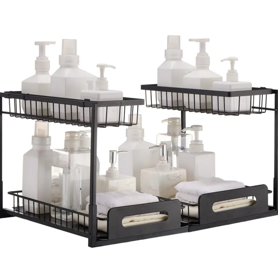 VEVOR 2 Tier Pull Out Cabinet Organizer(10.7"W x 14.2"D ), Under Sink Organizer and Storage, Slide Out Drawer Cabinet Organizer, Wire Basket Shelf, 25.5"Wx15.5"Dx13"H Install Size for Cabinet (2 Pack)
