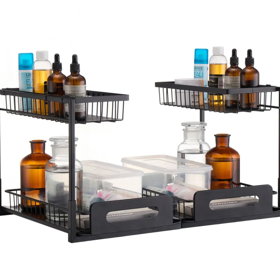 VEVOR 2 Tier Pull Out Cabinet Organizer(10.7"W x 14.2"D ), Under Sink Organizer and Storage, Slide Out Drawer Cabinet Organizer, Wire Basket Shelf, 25.5"Wx15.5"Dx13"H Install Size for Cabinet (2 Pack)