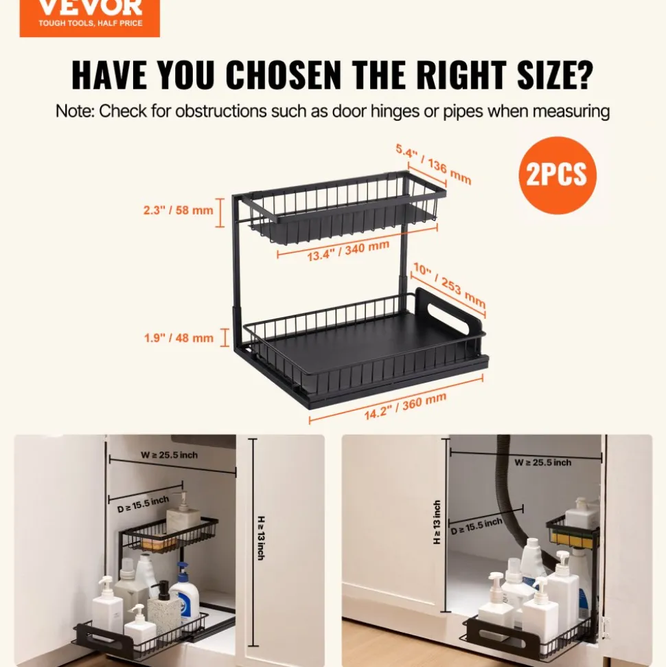 VEVOR 2 Tier Pull Out Cabinet Organizer(10.7"W x 14.2"D ), Under Sink Organizer and Storage, Slide Out Drawer Cabinet Organizer, Wire Basket Shelf, 25.5"Wx15.5"Dx13"H Install Size for Cabinet (2 Pack)