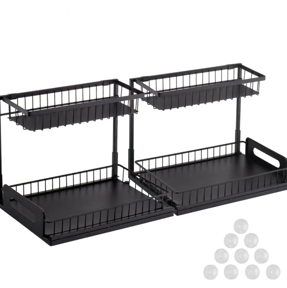 VEVOR 2 Tier Pull Out Cabinet Organizer(10.7"W x 14.2"D ), Under Sink Organizer and Storage, Slide Out Drawer Cabinet Organizer, Wire Basket Shelf, 25.5"Wx15.5"Dx13"H Install Size for Cabinet (2 Pack)