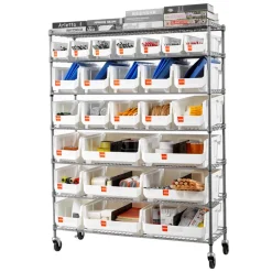 VEVOR 7-Tier Rolling Bin Storage Rack, 26 Organizer Bins, Bin Rack Storage Steel Wire Shelving System with Wheels, Mobile Tool Organizer for Garage, Warehouse, Office, Restaurant, Classroom, Kitchen