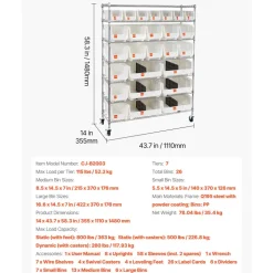 VEVOR 7-Tier Rolling Bin Storage Rack, 26 Organizer Bins, Bin Rack Storage Steel Wire Shelving System with Wheels, Mobile Tool Organizer for Garage, Warehouse, Office, Restaurant, Classroom, Kitchen