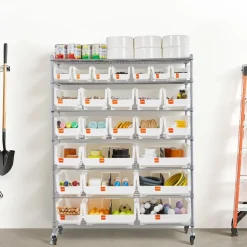 VEVOR 7-Tier Rolling Bin Storage Rack, 26 Organizer Bins, Bin Rack Storage Steel Wire Shelving System with Wheels, Mobile Tool Organizer for Garage, Warehouse, Office, Restaurant, Classroom, Kitchen