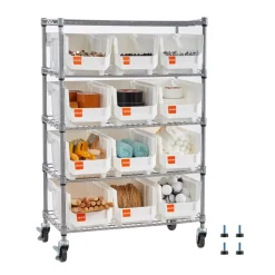 VEVOR 5-Tier Rolling Bin Storage Rack, 12 Organizer Bins, Bin Rack Storage Steel Wire Shelving System with Wheels, Mobile Tool Organizer for Garage, Warehouse, Office, Restaurant, Classroom, Kitchen