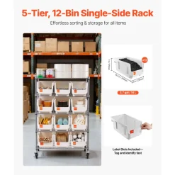 VEVOR 5-Tier Rolling Bin Storage Rack, 12 Organizer Bins, Bin Rack Storage Steel Wire Shelving System with Wheels, Mobile Tool Organizer for Garage, Warehouse, Office, Restaurant, Classroom, Kitchen