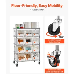 VEVOR 5-Tier Rolling Bin Storage Rack, 12 Organizer Bins, Bin Rack Storage Steel Wire Shelving System with Wheels, Mobile Tool Organizer for Garage, Warehouse, Office, Restaurant, Classroom, Kitchen