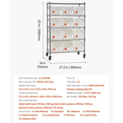 VEVOR 5-Tier Rolling Bin Storage Rack, 12 Organizer Bins, Bin Rack Storage Steel Wire Shelving System with Wheels, Mobile Tool Organizer for Garage, Warehouse, Office, Restaurant, Classroom, Kitchen