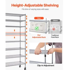 VEVOR 8-Tier Rolling Bin Storage Rack, 26 Organizer Bins, Bin Rack Storage Steel Wire Shelving System with Wheels, Mobile Tool Organizer for Garage, Warehouse, Office, Restaurant, Classroom, Kitchen